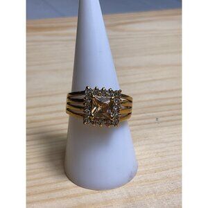 Gold Tone Princess Cut Champagne Stone Halo Cluster Ring